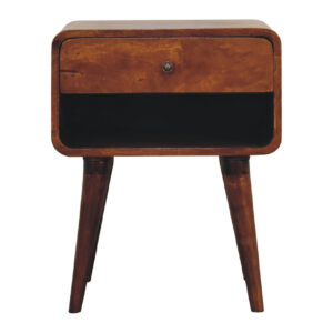 Mensta Curved Chestnut Bedside Table with Open Slot – Modern & Functional